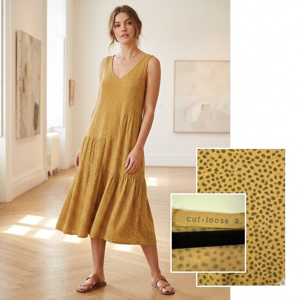 Cut Loose Mustard Yellow Dotted Tiered Cotton Linen Midi Dress Sleeveless M USA